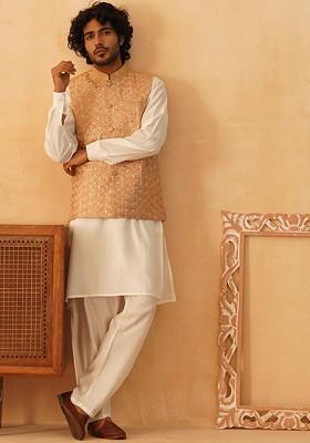 Brown Embroidered Poly Blend Kurta Set For Men