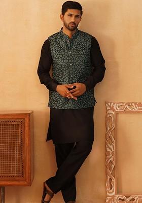 Teal Blue Embroidered Poly Blend Kurta Set For Men