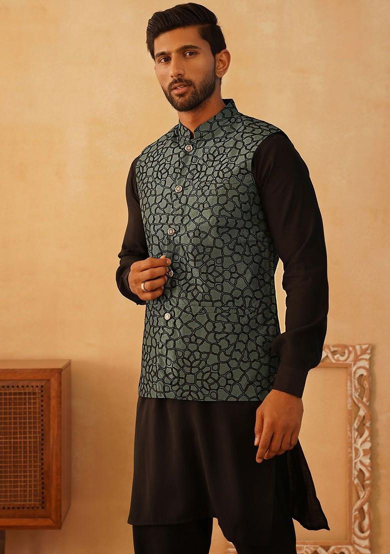 Teal Blue Embroidered Poly Blend Kurta Set For Men