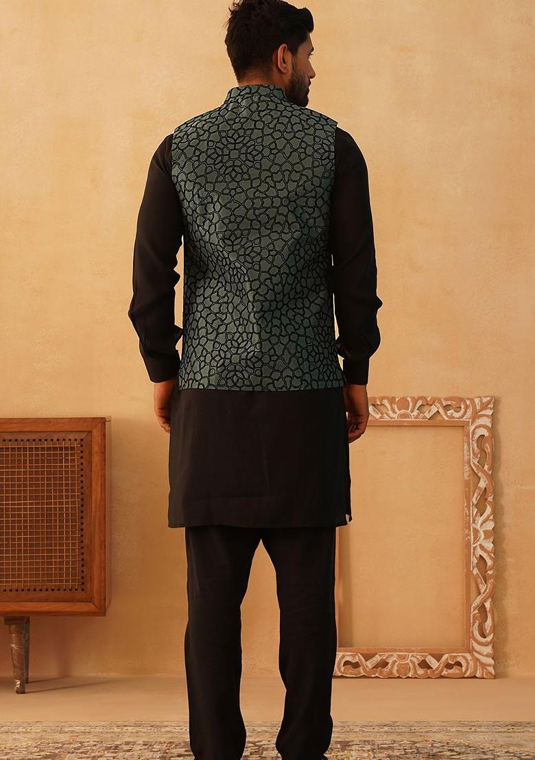 Teal Blue Embroidered Poly Blend Kurta Set For Men