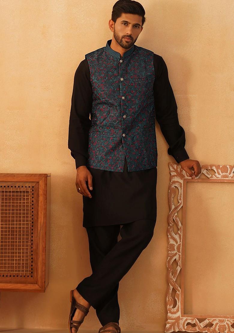 Teal Blue Embroidered Poly Blend Kurta Set For Men