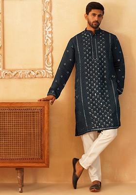 Teal Blue Embroidered Poly Blend Kurta Set For Men