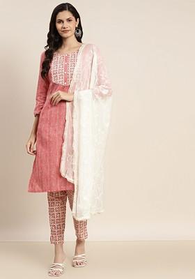 Red Printed Poly Blend Kurta Set For Men