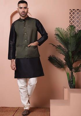 Olive Woven Design Poly Blend Kurta Set For Men