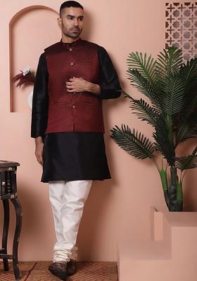 Maroon Embroidered Poly Blend Kurta Set For Men