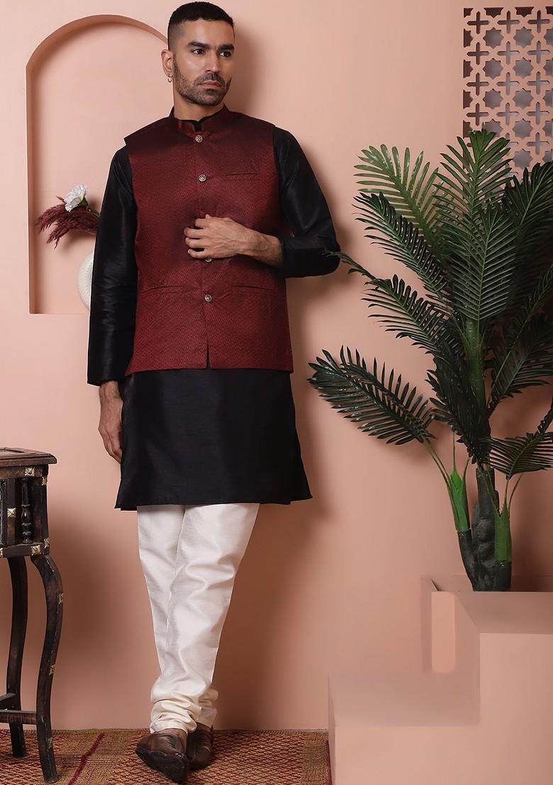 Maroon Embroidered Poly Blend Kurta Set For Men