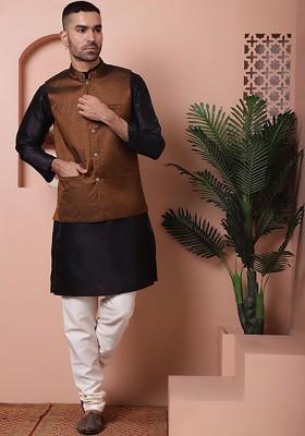 Gold Embroidered Poly Blend Kurta Set For Men