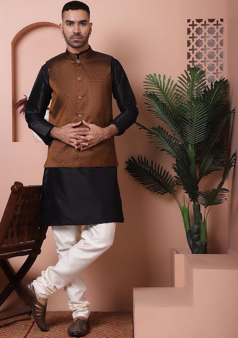 Gold Embroidered Poly Blend Kurta Set For Men