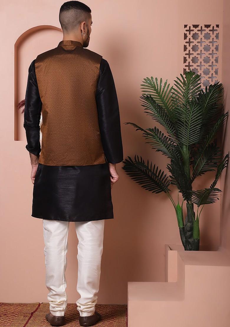 Gold Embroidered Poly Blend Kurta Set For Men