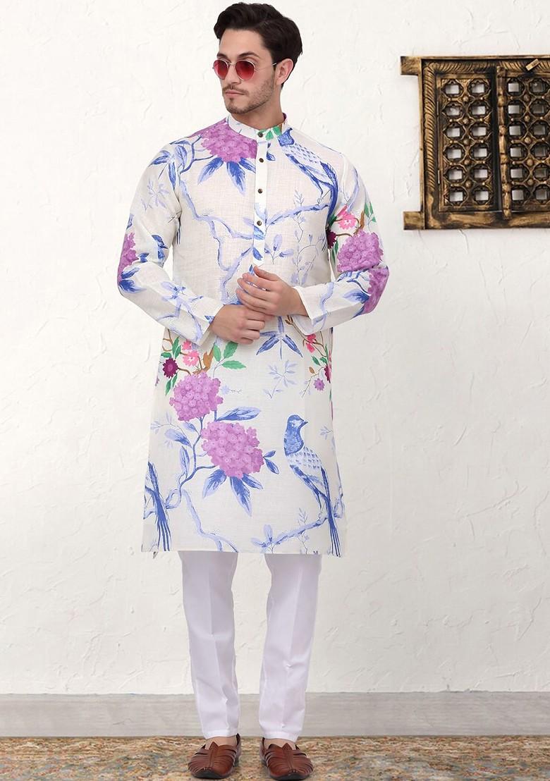 White Printed Poly Blend Kurta Set For Men