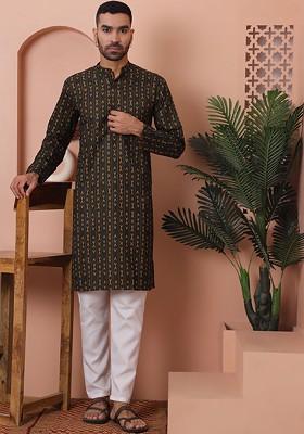 Green Printed Poly Blend Kurta Set For Men