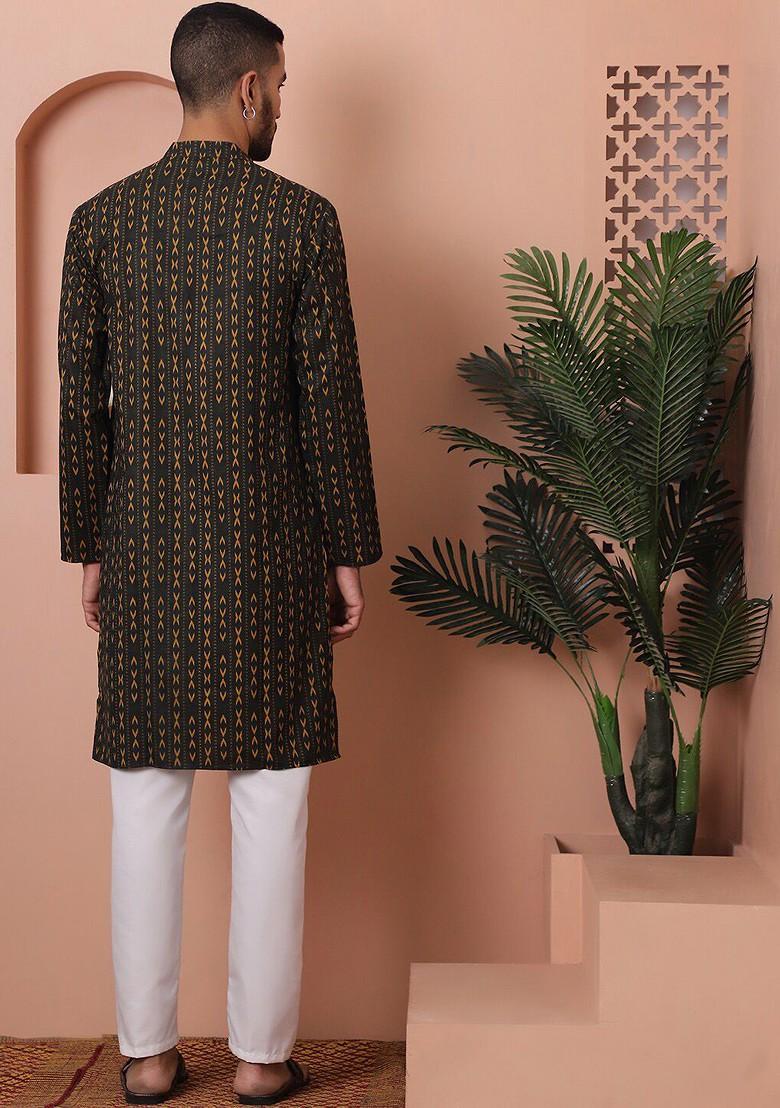 Green Printed Poly Blend Kurta Set For Men