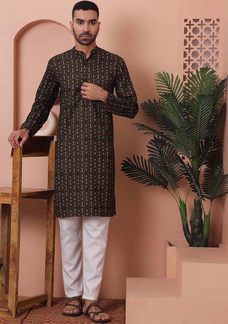 Green Printed Poly Blend Kurta Set For Men