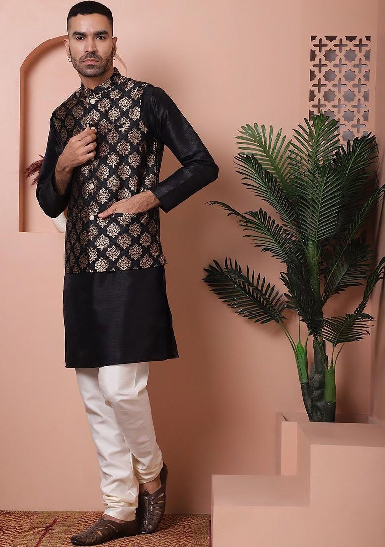 Black Woven Design Poly Blend Kurta Set For Men
