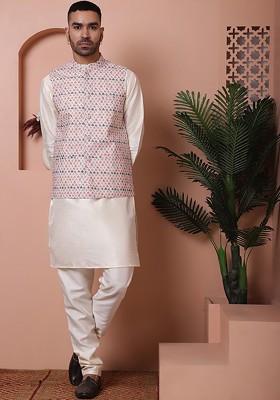 White Printed Poly Blend Kurta Set For Men