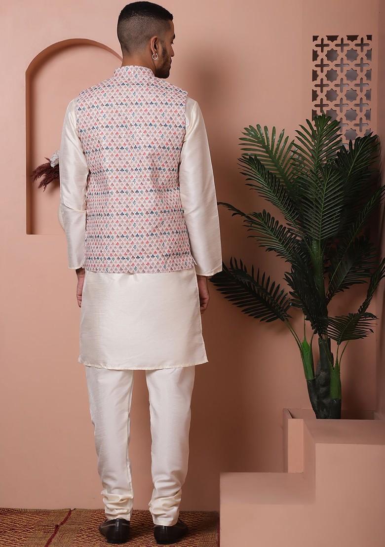 White Printed Poly Blend Kurta Set For Men