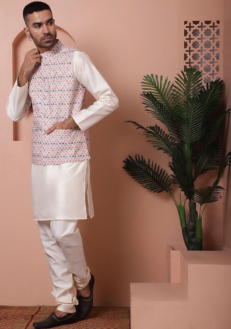 White Printed Poly Blend Kurta Set For Men