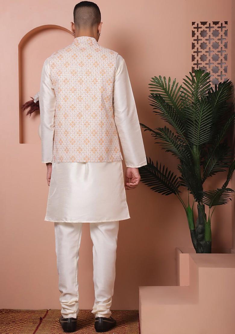 Orange Embroidered Poly Blend Kurta Set For Men