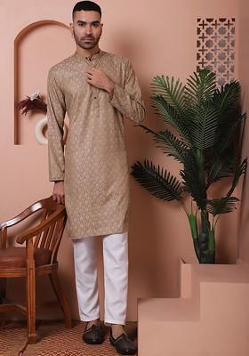Brown Embroidered Poly Blend Kurta Set For Men
