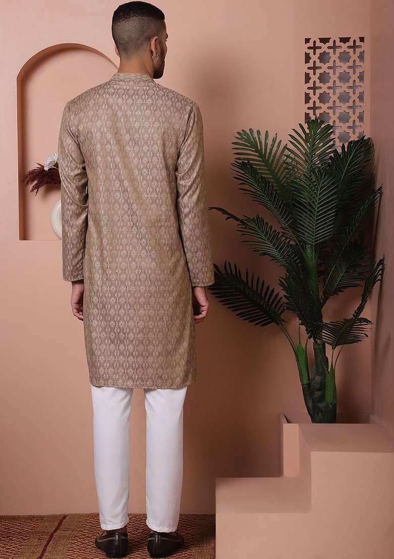 Brown Embroidered Poly Blend Kurta Set For Men - Indya