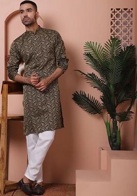 Black Printed Poly Blend Kurta Set For Men