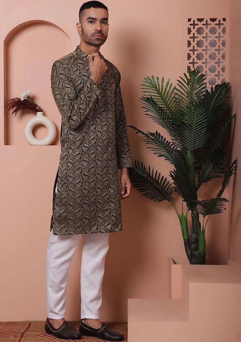 Black Printed Poly Blend Kurta Set For Men
