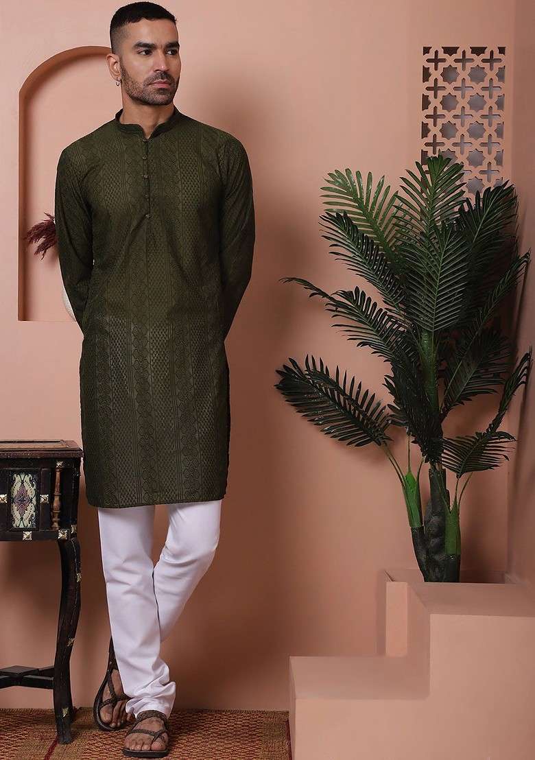 Olive Embroidered Poly Blend Kurta Set For Men - Indya