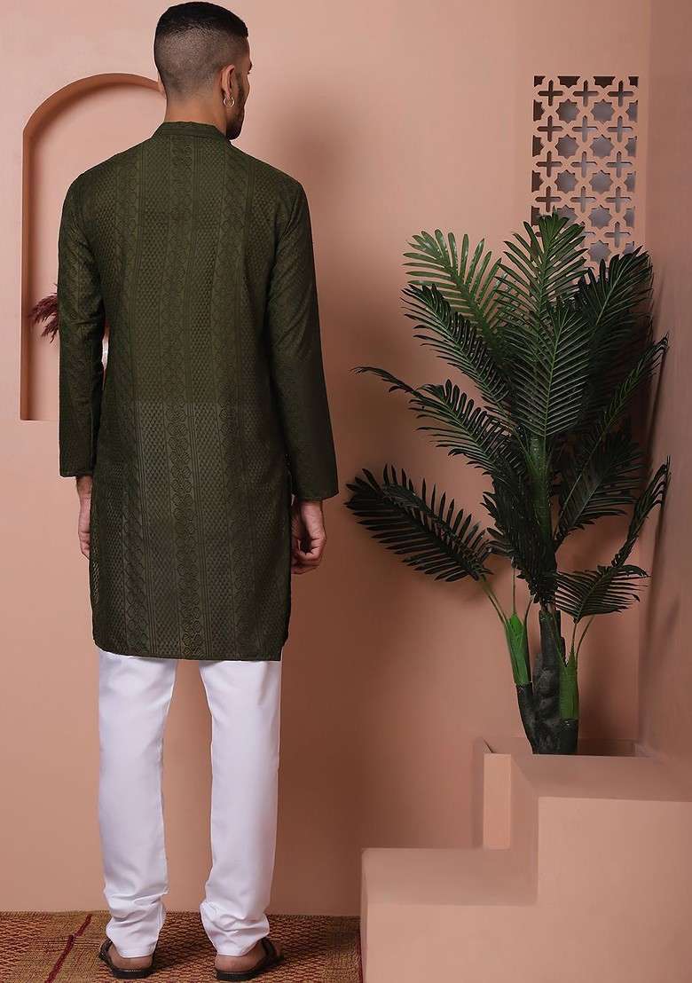 Olive Embroidered Poly Blend Kurta Set For Men - Indya