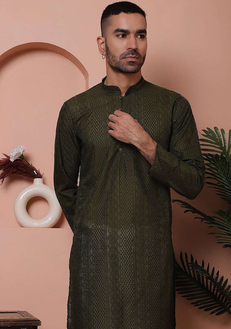 Olive Embroidered Poly Blend Kurta Set For Men - Indya