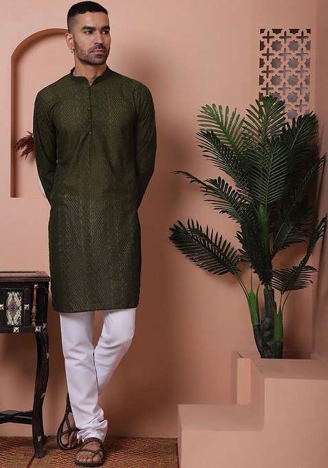 Olive Embroidered Poly Blend Kurta Set For Men