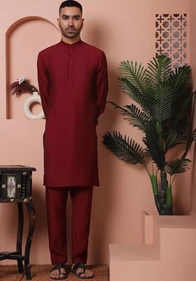 Maroon Embroidered Poly Blend Kurta Set For Men