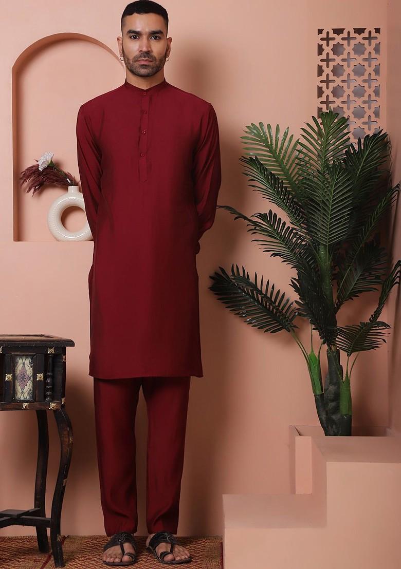 Maroon Embroidered Poly Blend Kurta Set For Men
