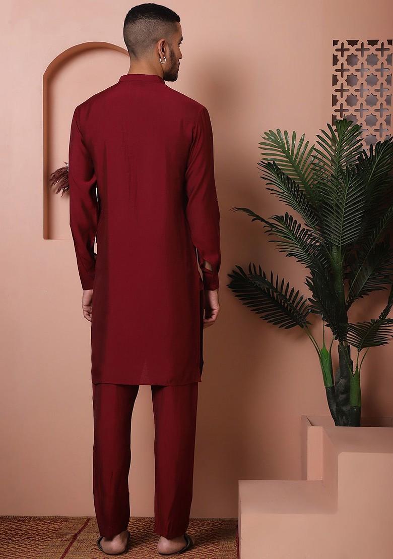 Maroon Embroidered Poly Blend Kurta Set For Men