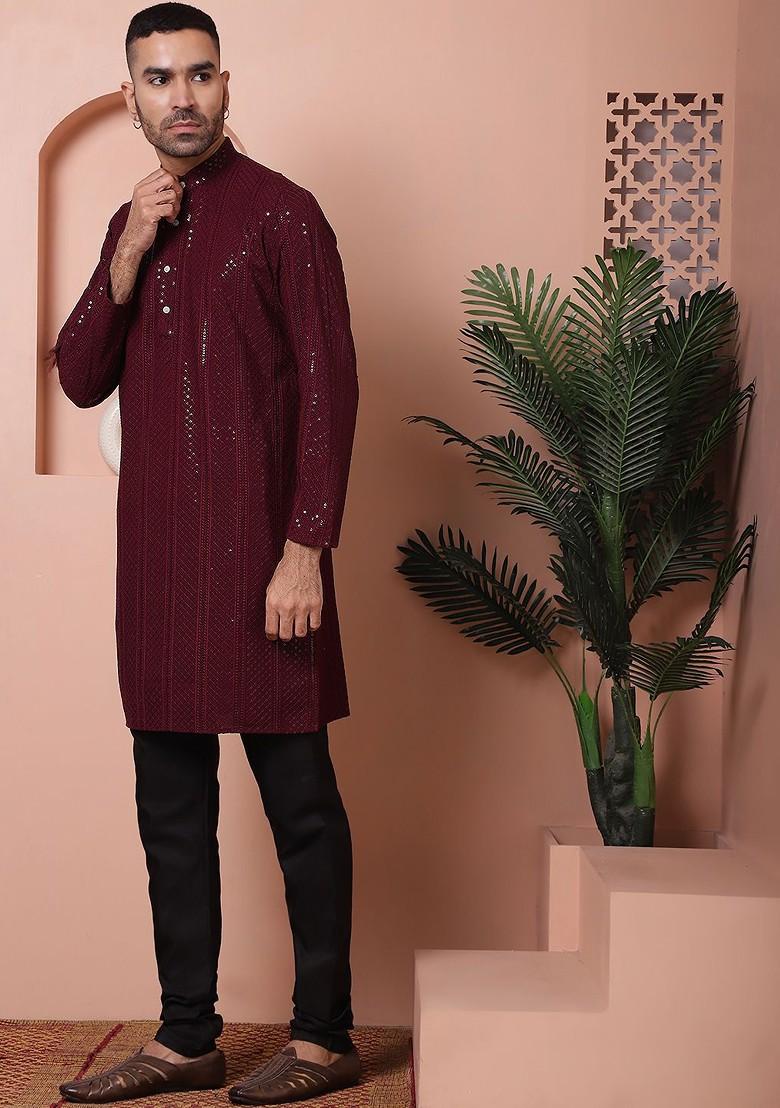 Purple Embroidered Poly Blend Kurta Set For Men