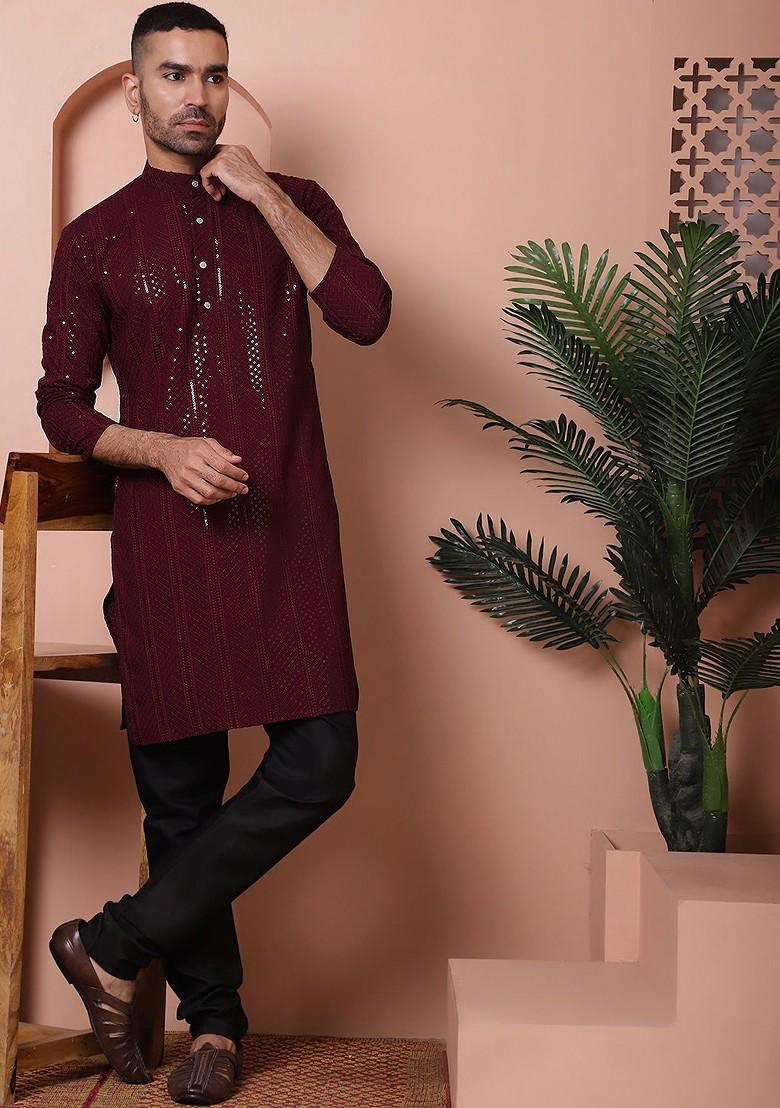 Purple Embroidered Poly Blend Kurta Set For Men