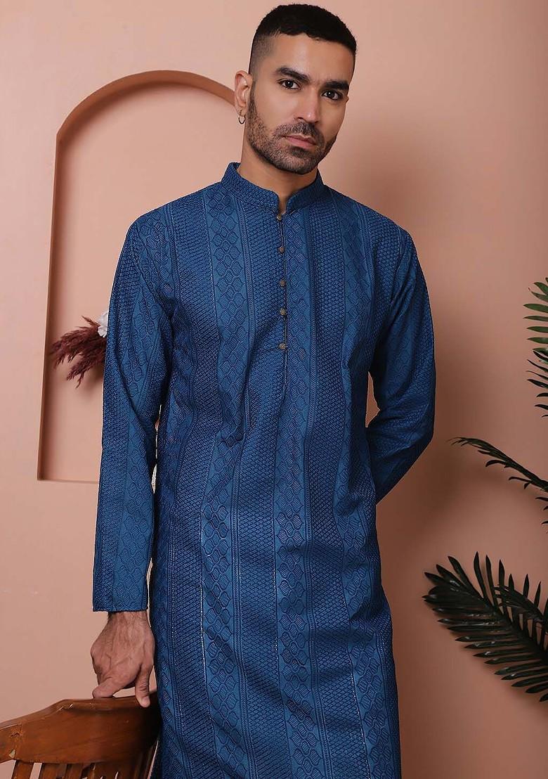 Teal Blue Embroidered Poly Blend Kurta Set For Men