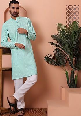 Sea Green Embroidered Poly Blend Kurta Set For Men
