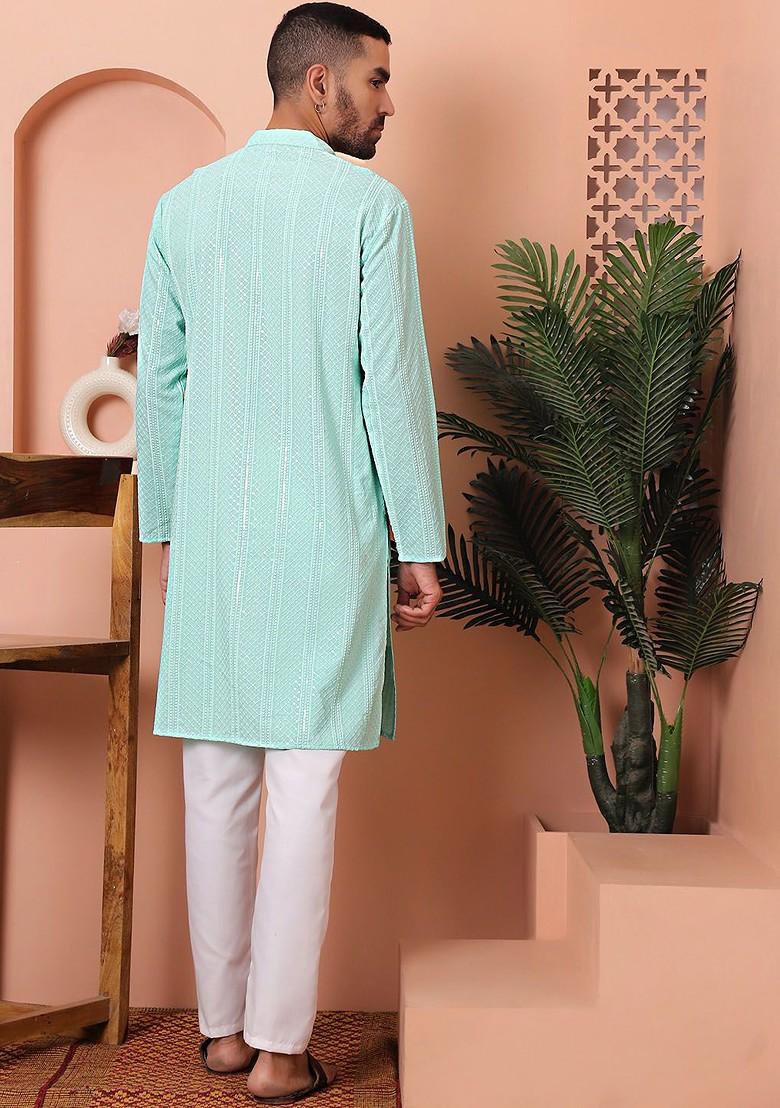 Sea Green Embroidered Poly Blend Kurta Set For Men