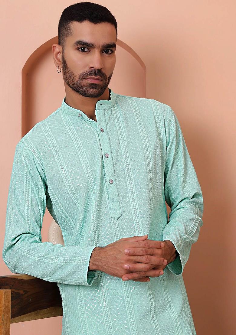 Sea Green Embroidered Poly Blend Kurta Set For Men