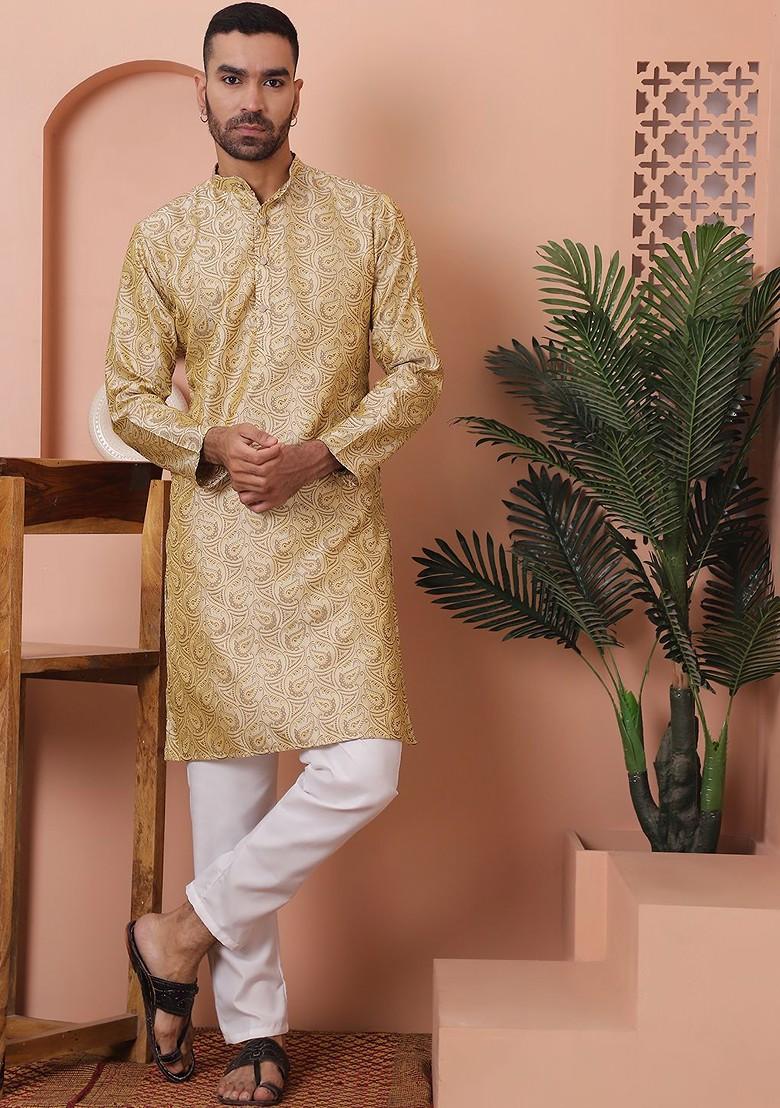 Gold Woven Design Poly Blend Kurta Set For Men