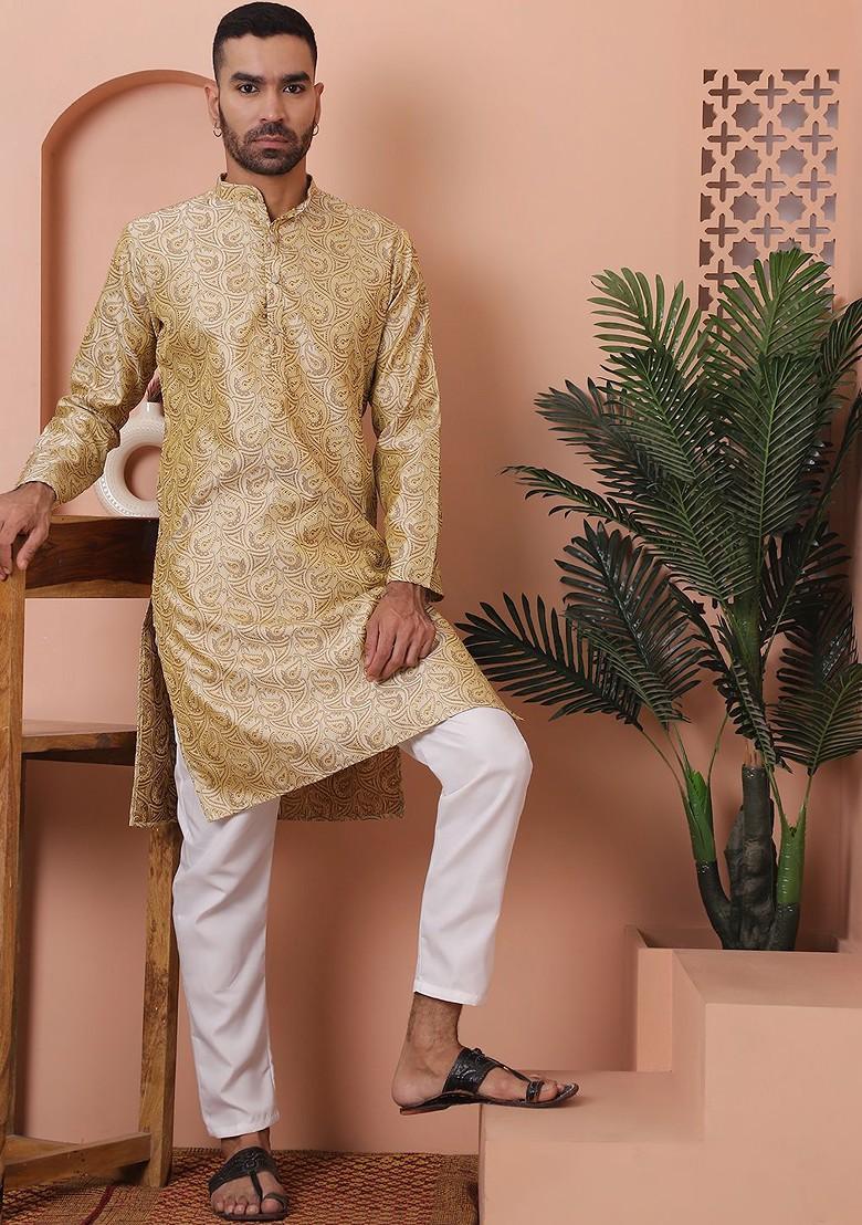 Gold Woven Design Poly Blend Kurta Set For Men