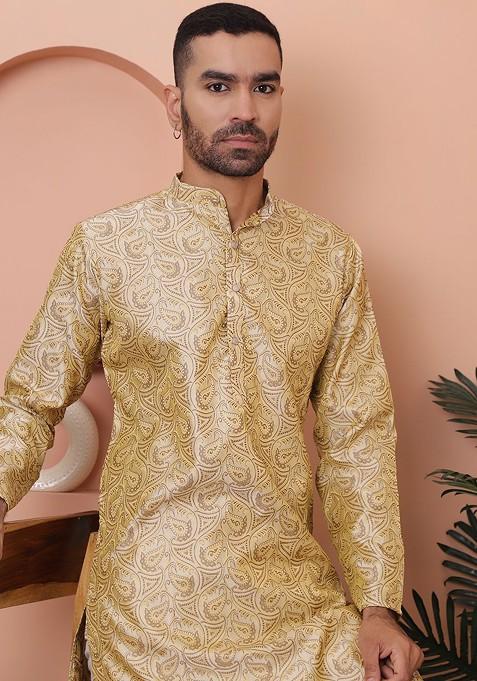 Gold Woven Design Poly Blend Kurta Set For Men