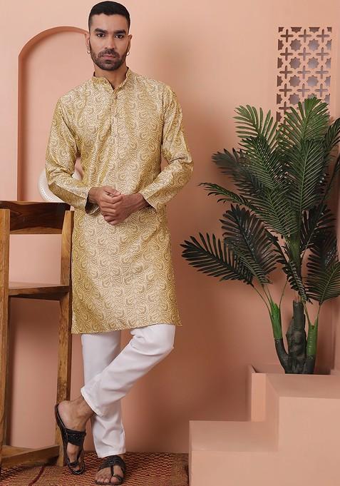 Gold Woven Design Poly Blend Kurta Set For Men