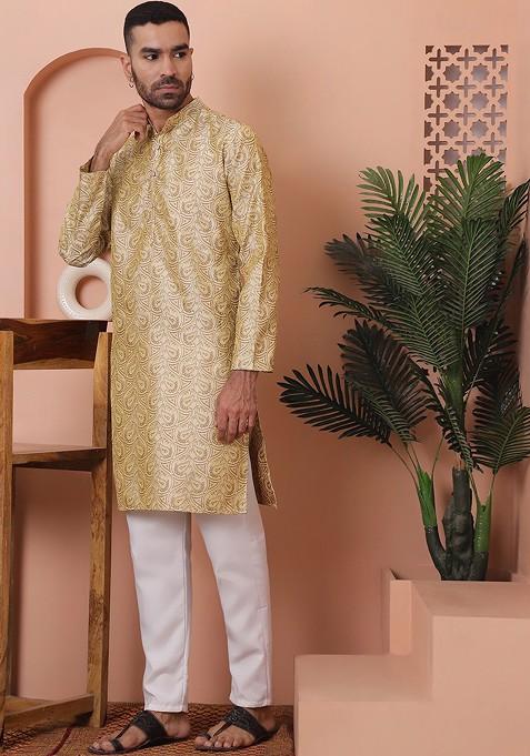 Gold Woven Design Poly Blend Kurta Set For Men