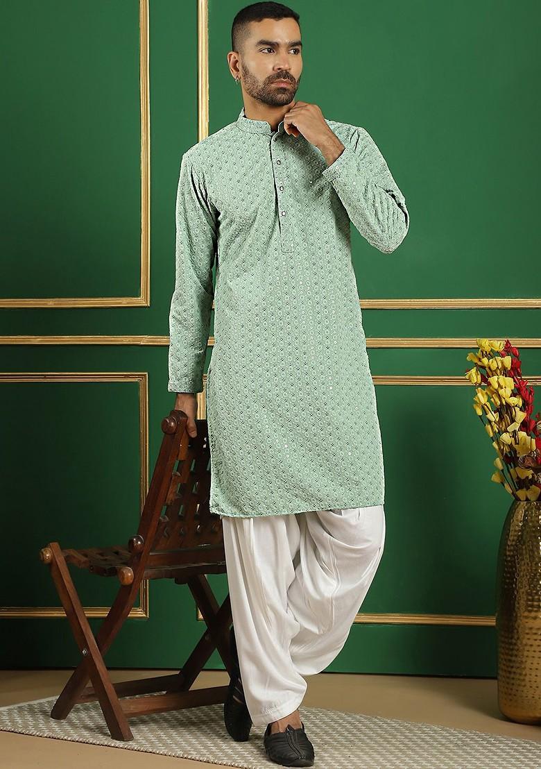 Green Embroidered Poly Blend Kurta Set For Men