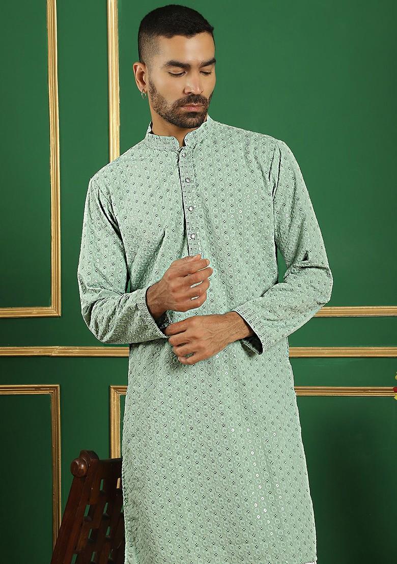 Green Embroidered Poly Blend Kurta Set For Men