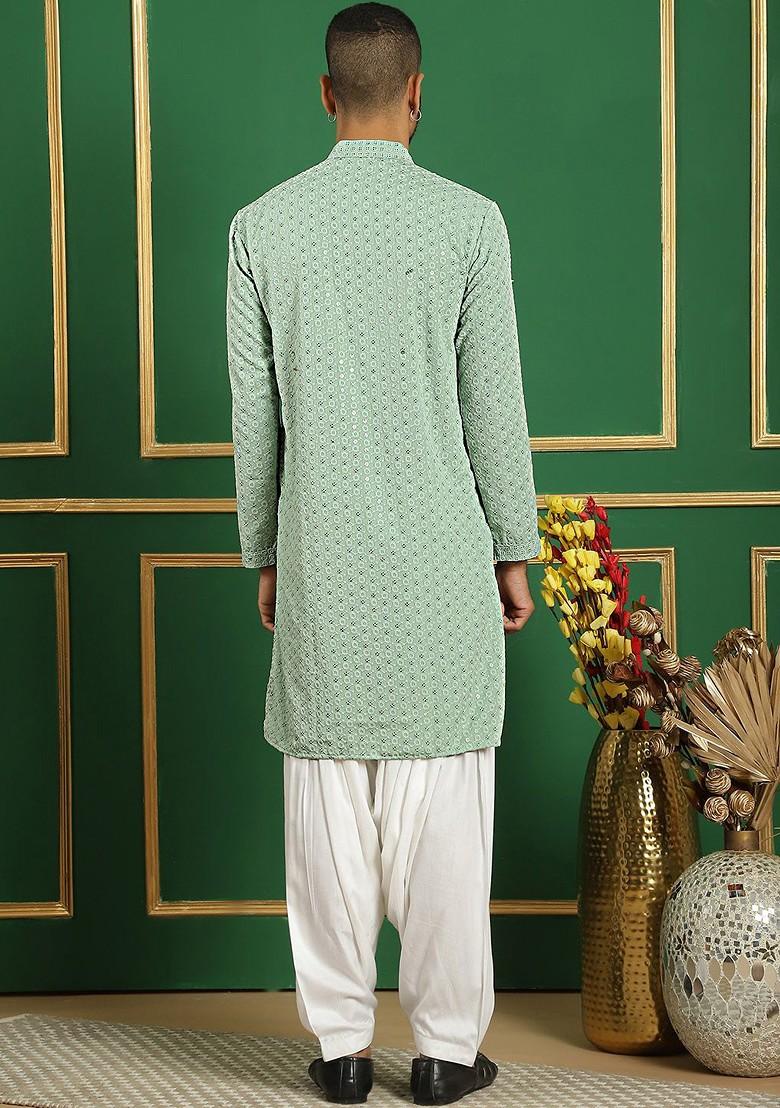 Green Embroidered Poly Blend Kurta Set For Men