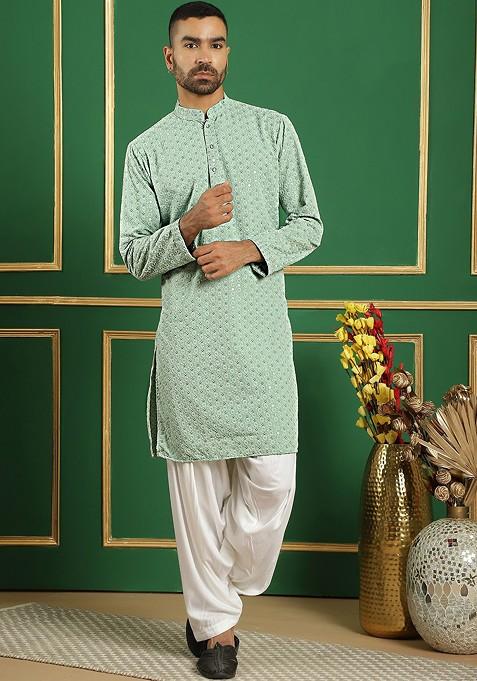 Green Embroidered Poly Blend Kurta Set For Men