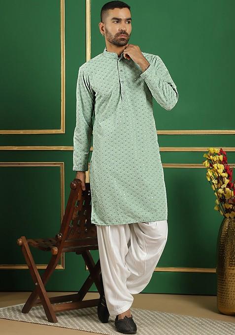 Green Embroidered Poly Blend Kurta Set For Men