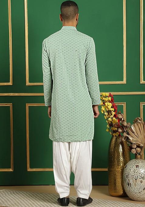 Green Embroidered Poly Blend Kurta Set For Men